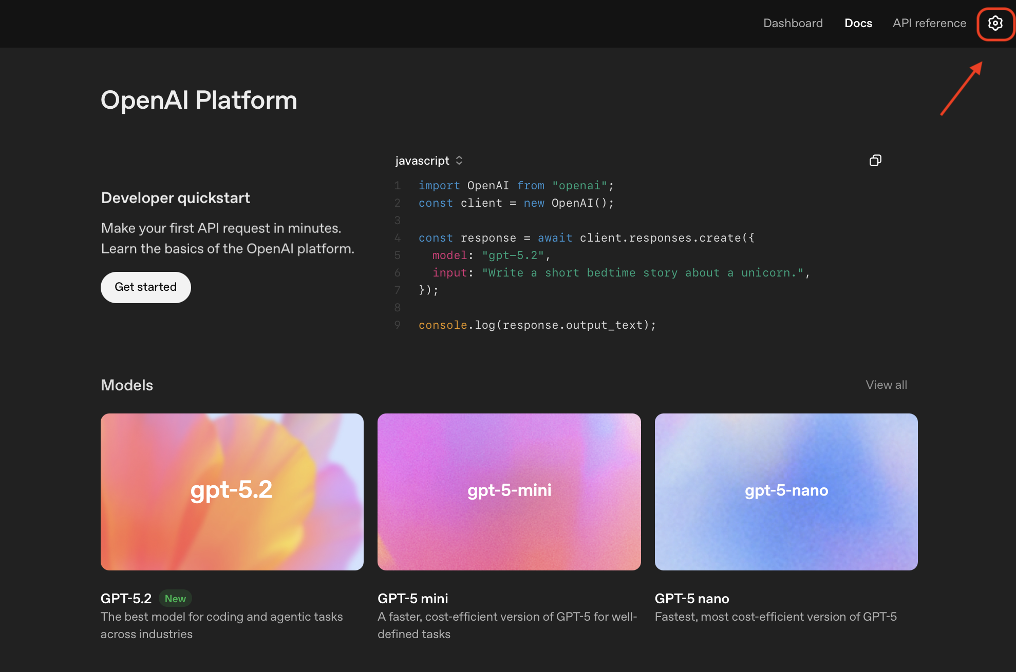 OpenAI Platform homepage showing the gear icon for settings